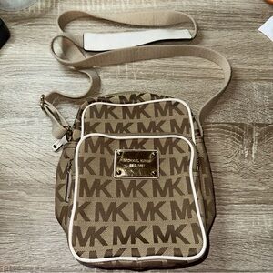 Michael Kors Signature Flight Crossbody khaki w/white piping pen mark in bottom